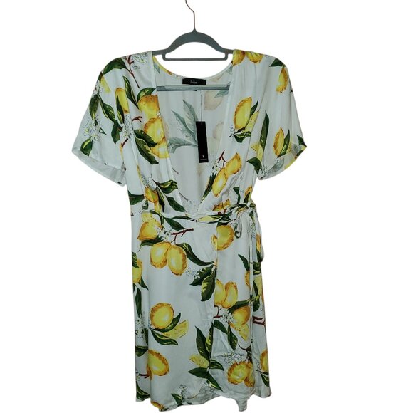 NWT Lulus Size L A La Tart Lemon Print Wrap Yellow White Dress Short Sleeve - Picture 1 of 14